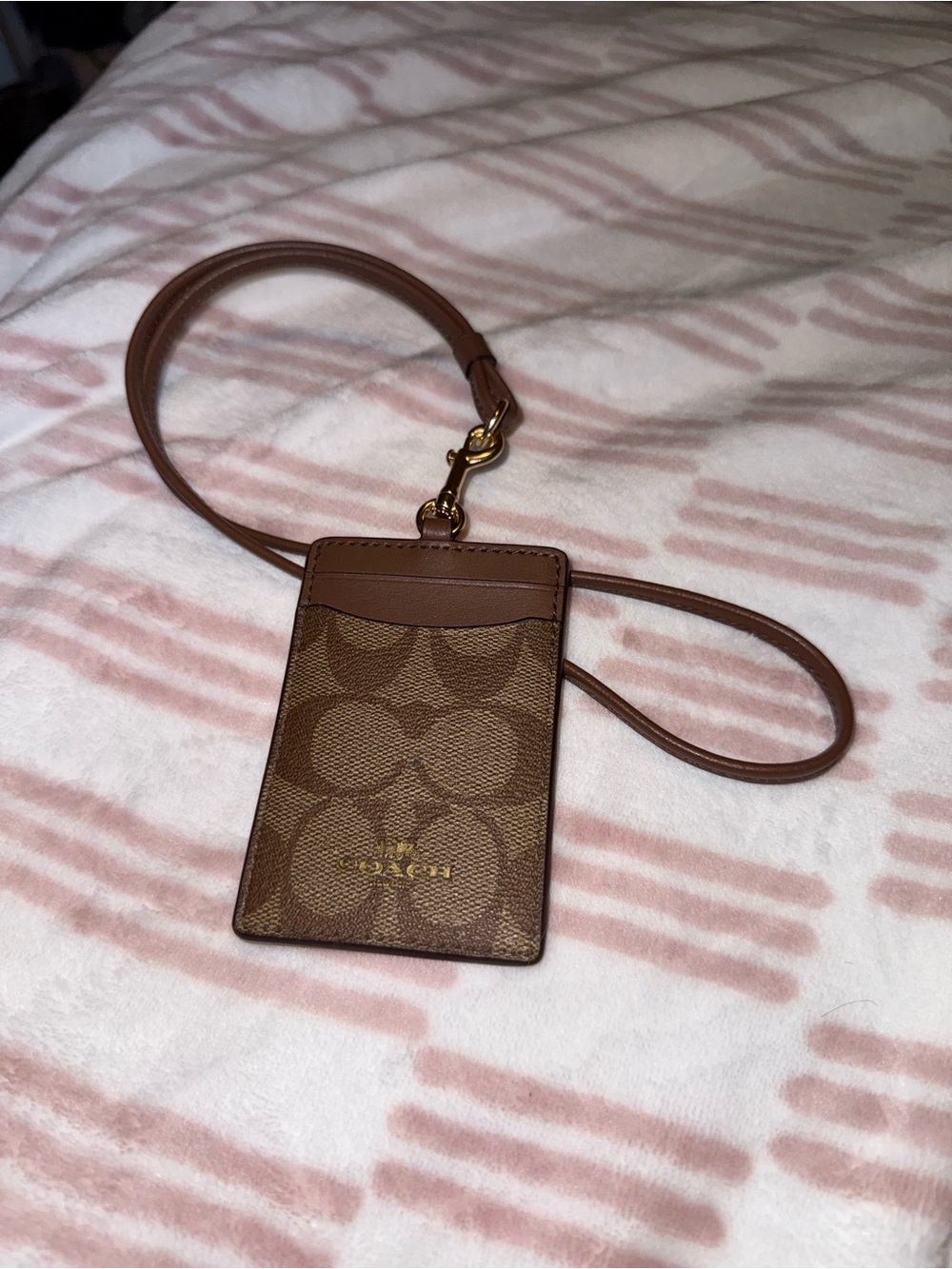 Coach Brown Signature Lanyard Card Case with Gold Hardware